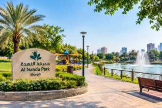 Al Nahda Park Sharjah with landscaped gardens, walking paths, playground and lakeside fountain.