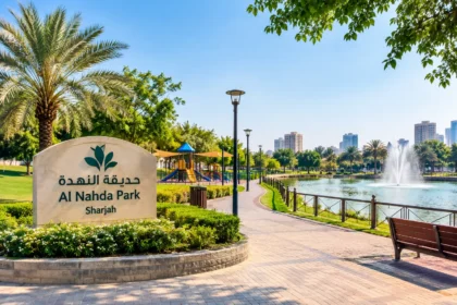 Al Nahda Park Sharjah with landscaped gardens, walking paths, playground and lakeside fountain.