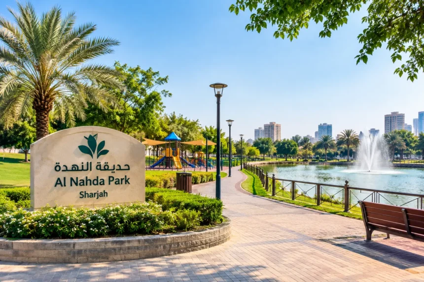 Al Nahda Park Sharjah with landscaped gardens, walking paths, playground and lakeside fountain.